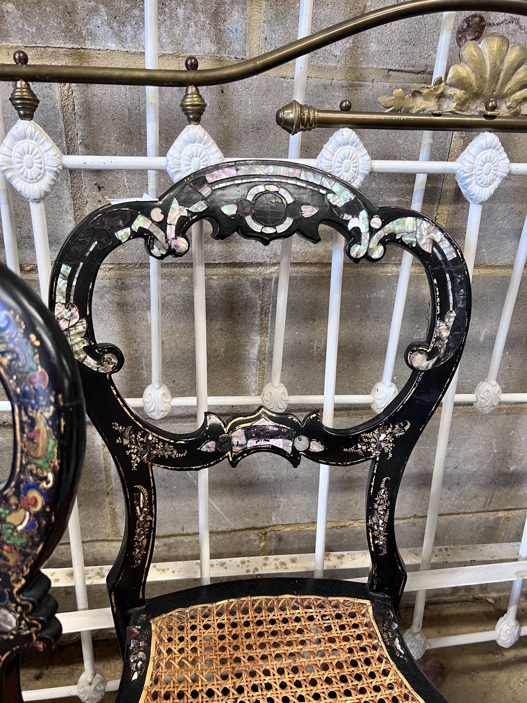 A pair of Victorian mother of pearl inlaid papier mache and ebonised salon chairs, height 85cm